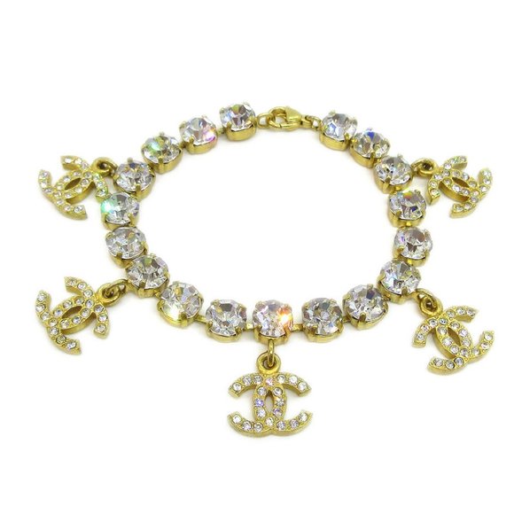 AUTH CHANEL CC Logos Charm Rhinestone Gold Chain Bracelet 95A - Picture 1 of 4